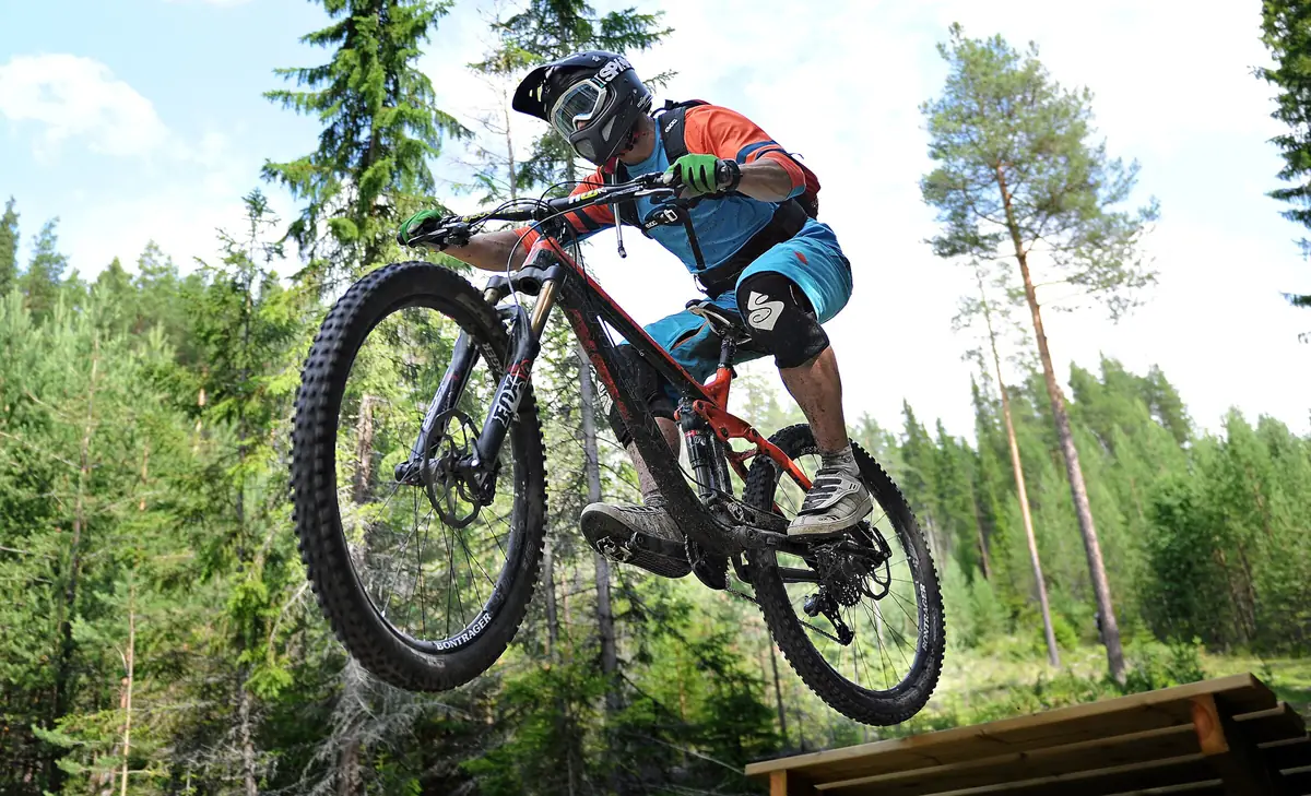 A mountain biker in the air in a pine forest